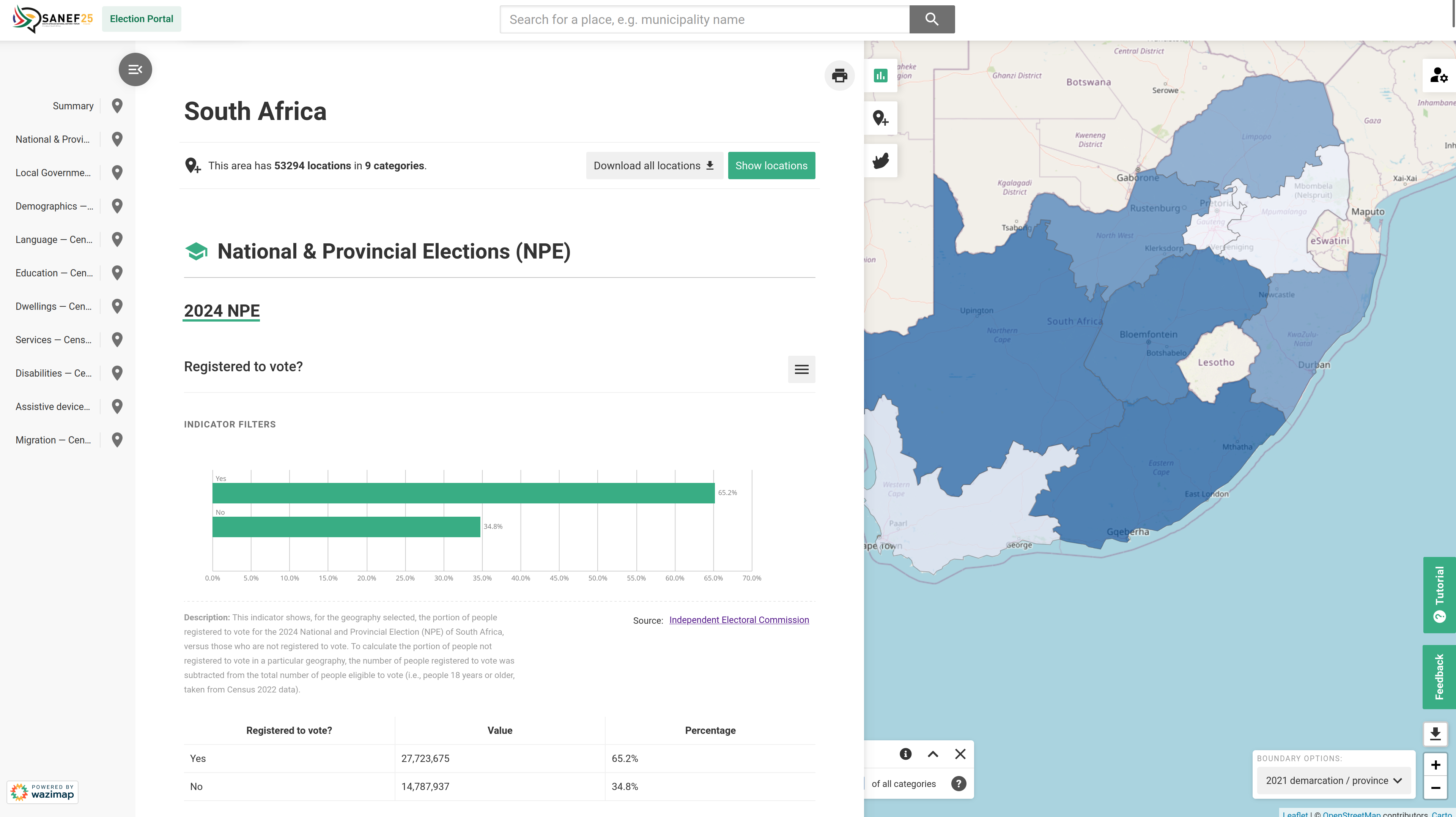 The SANEF Elections Dashboard in RIch Data View, 2024